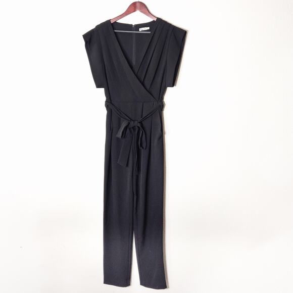 Eliza J Black Straight Leg Jumpsuit Wrap Front Black Size 4 Office Siren Look - Picture 1 of 9